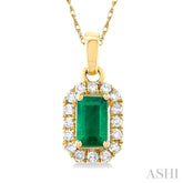 5x3 MM Octagonal Shape Emerald and 1/20 Ctw Single Cut Diamond Halo Precious Pendant with Chain in 14K Yellow Gold